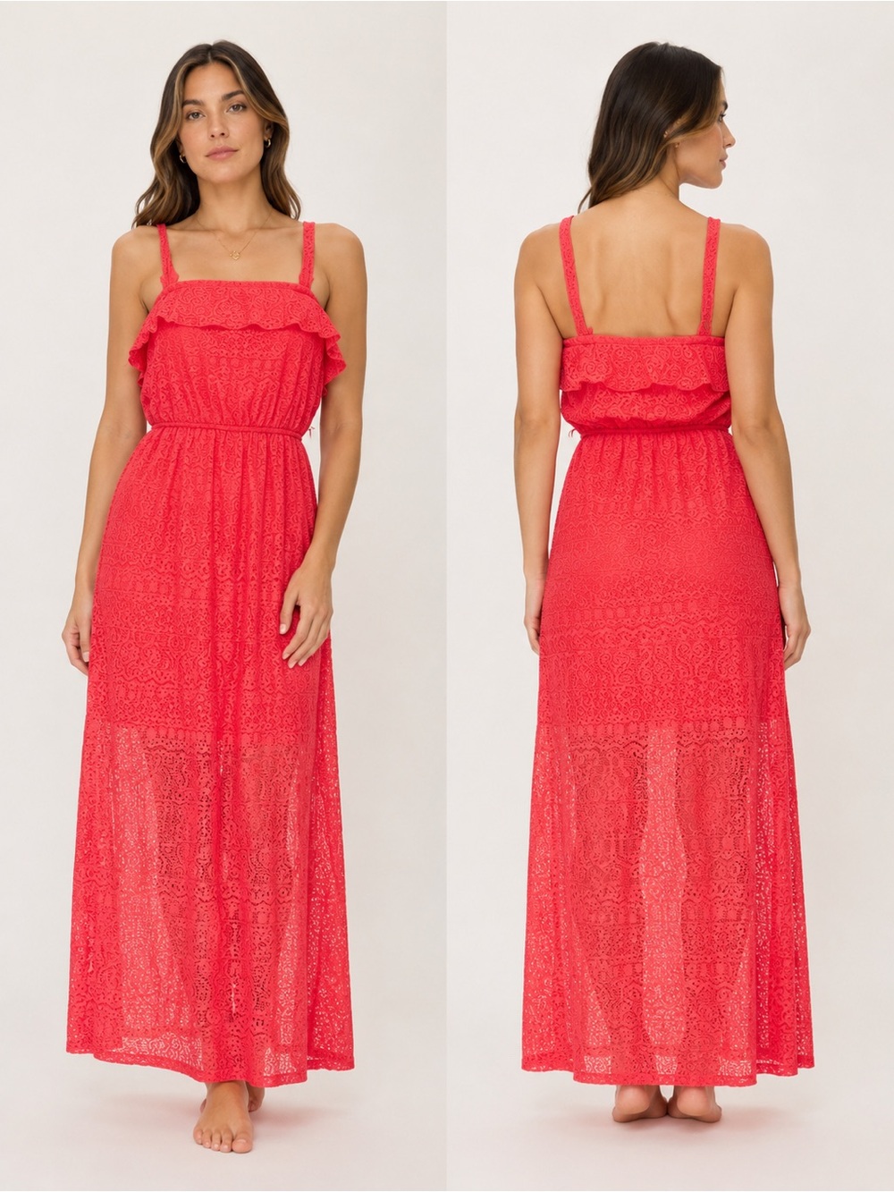 Coral Lace Ruffles Maxi Dress